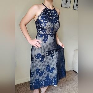 CHELSEA & VIOLET NAVY LACE OVER IVORY DRESS | XSMALL | FORMAL WEAR | LACE |